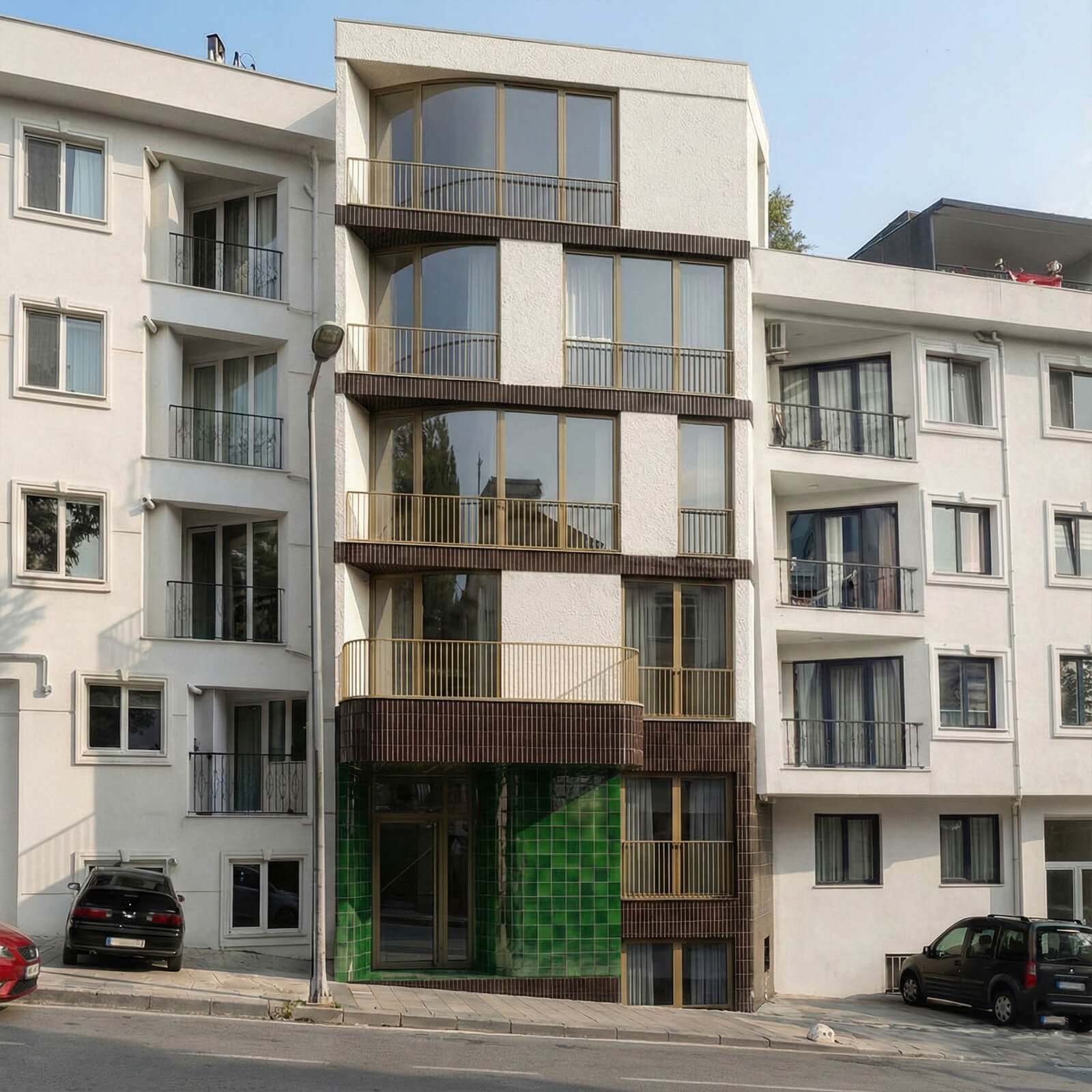 Modern hatlara sahip apartman dış cephe uygulaması.