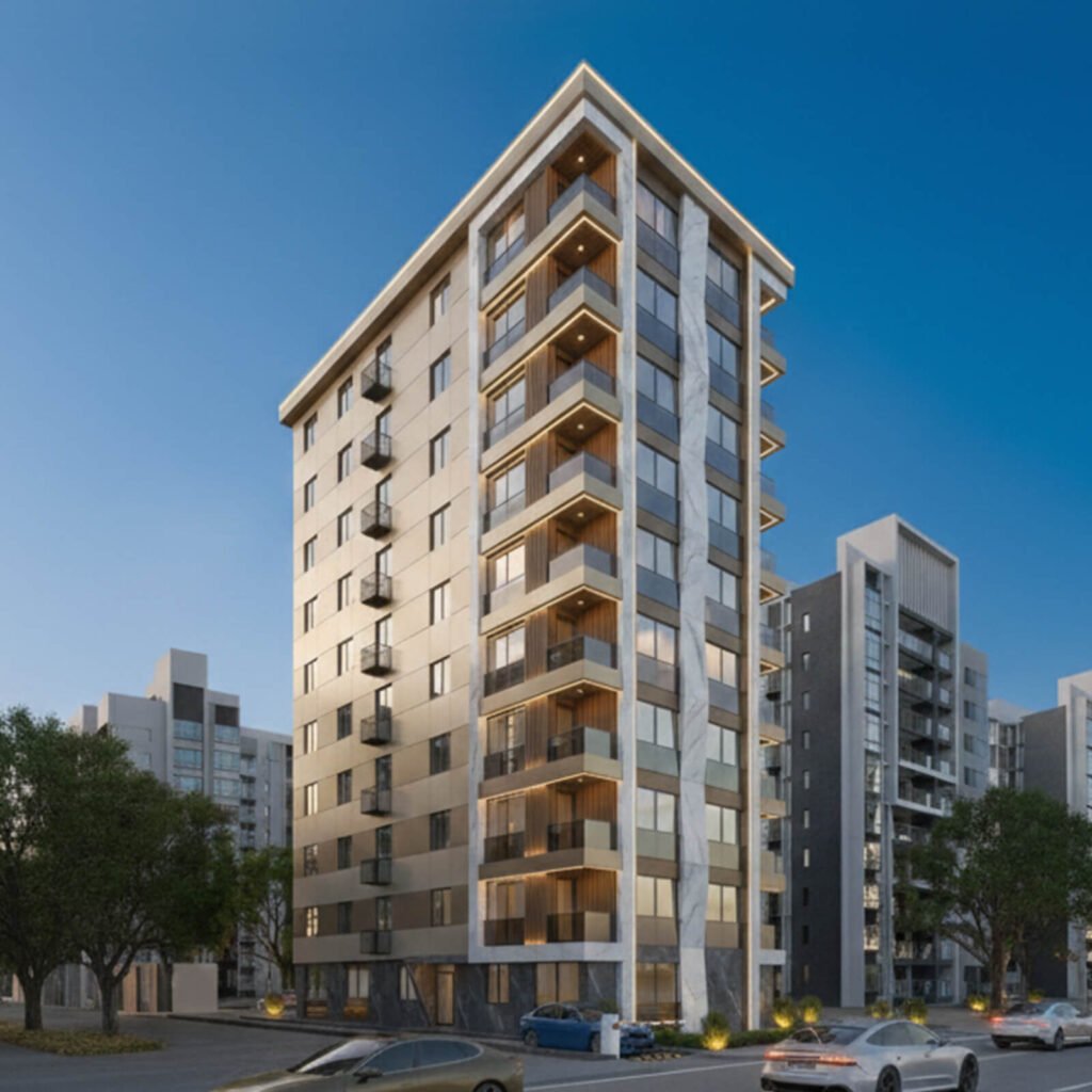 Gece aydınlatması ile öne çıkan, mermer ve ahşap detaylı modern köşe apartman cephe tasarımı renderı.